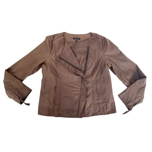 Eileen Fisher Women's Sz PM Brown Waxed Cotton Asymmetric Moto Zip Front Jacket - Picture 9 of 10